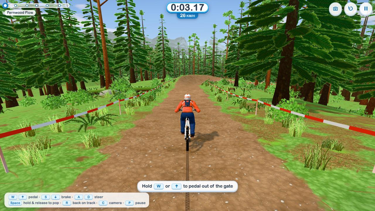 Loamline gameplay: the rider pedals out of the start on Fernwood Flow, a dirt trail through a green pine forest lined with course tape, with the run timer at the top