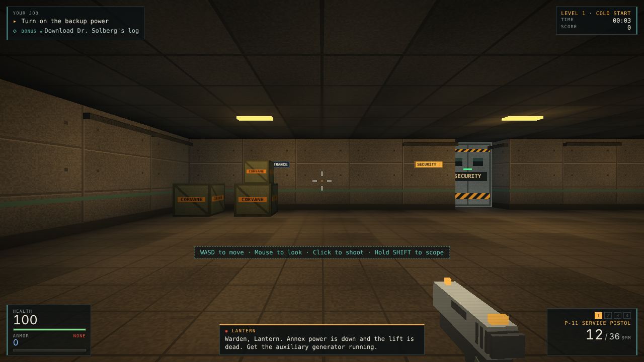 First-person view in Outbreak Protocol's first level: a dark corridor with crates, the pistol in hand and the job to download Dr. Solberg's log