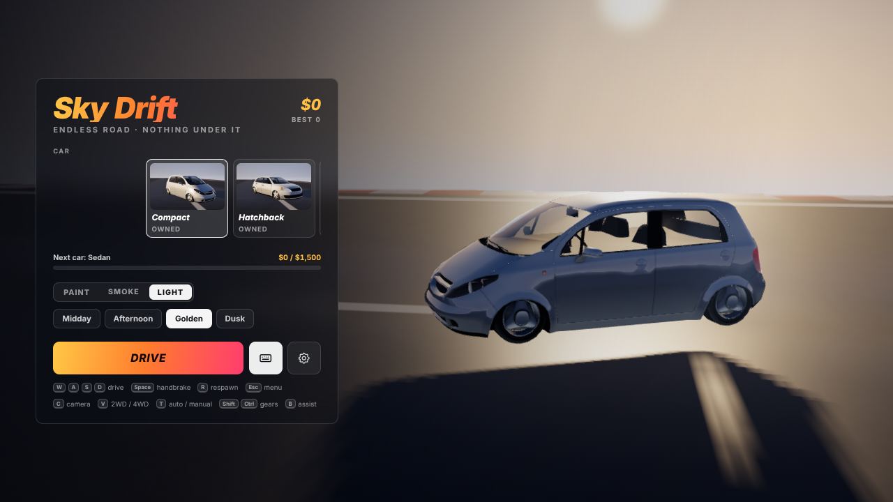 The Sky Drift garage in golden evening light: choosing a car, with the paint, smoke and light options and the Drive button