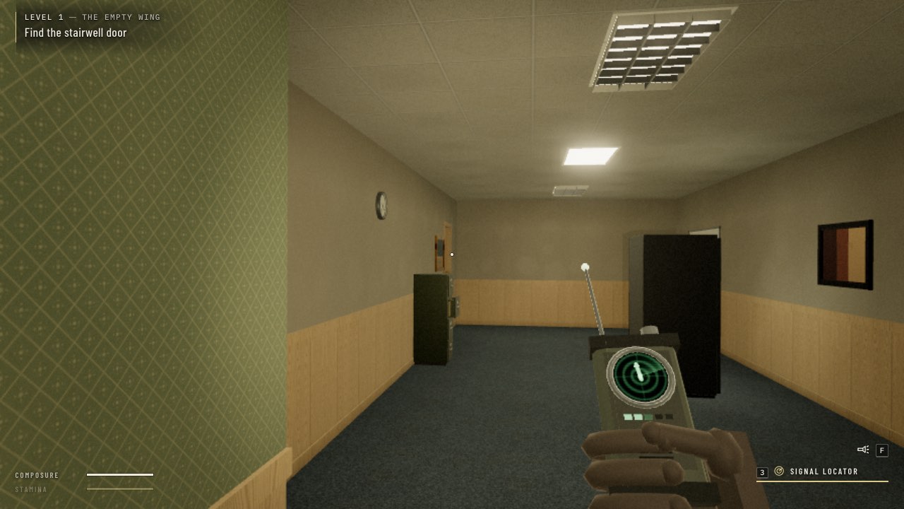The Night Floor level 1, The Empty Wing: an empty office corridor with green lattice wallpaper and carpet, the Signal Locator in hand and the job to find the stairwell door
