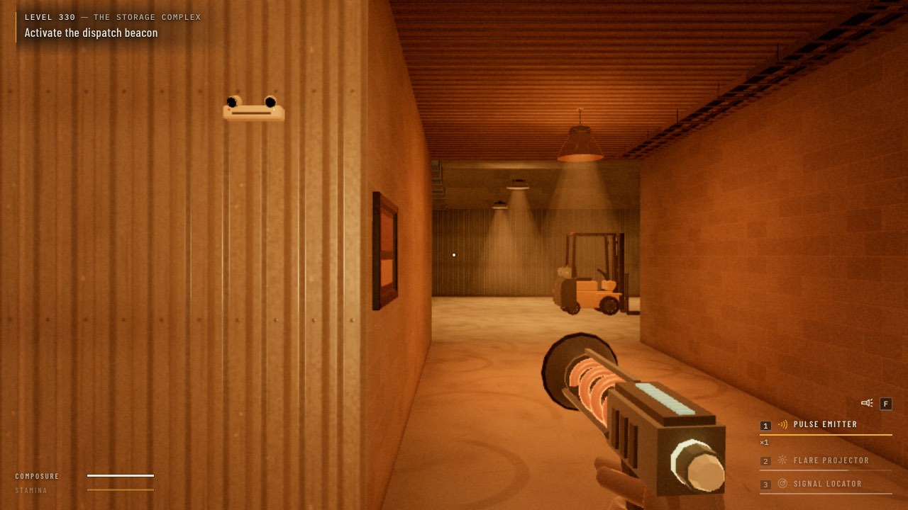 The Night Floor level 330, The Storage Complex: a warm-lit warehouse corridor with a forklift ahead, the Pulse Emitter in hand and the job to activate the dispatch beacon